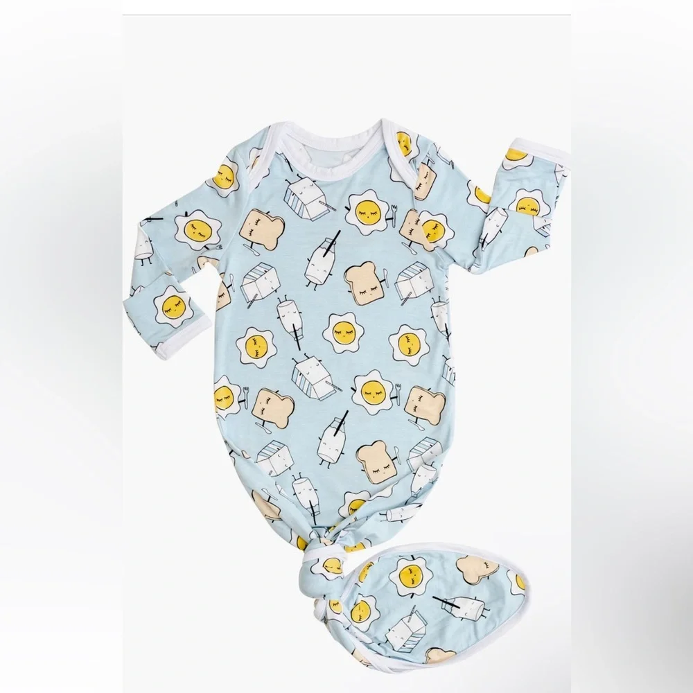 Baby Blue Knotted Gown Pajamas For Newborn Breakfast Pattern
